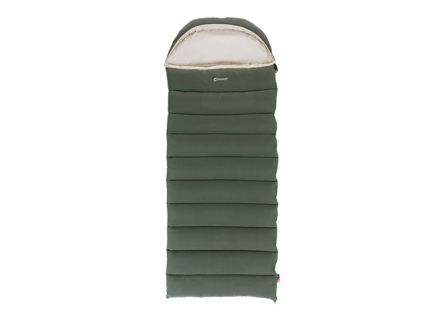 green sleeping bag with gold accents on a white background
