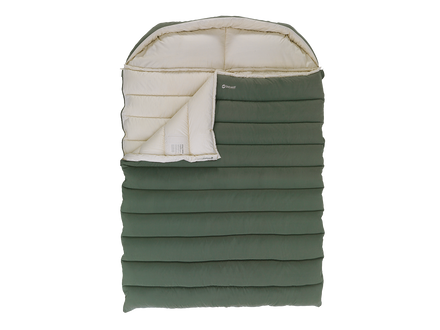 An olive green sleeping bag with a cream-colored interior lining, shown against a plain white background.