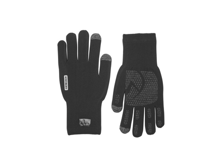 Pair of black gloves with text on a white background