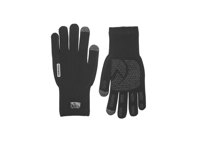 Pair of black gloves with text on a white background