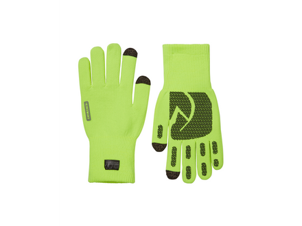Pair of green gloves with black accents on a white background