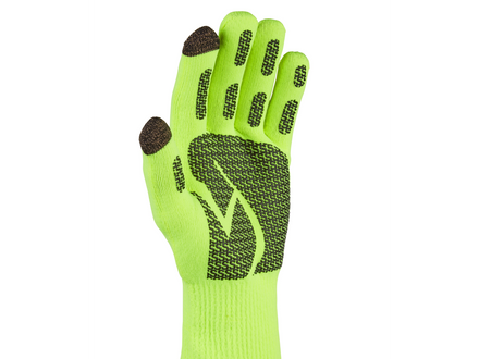 Green glove with black textured palm and touch screen tips on a white background
