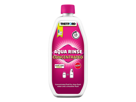 A bottle of Thietford Aqua Rinse Concentrated fluid with a white bottle, a bright pink cap, and a pink label, shown on a solid white background.