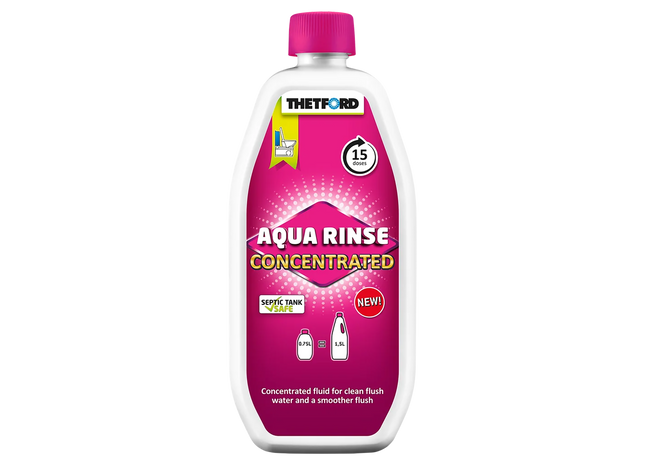 A bottle of Thietford Aqua Rinse Concentrated fluid with a white bottle, a bright pink cap, and a pink label, shown on a solid white background.