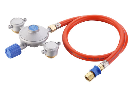 Gas regulator with red hose on a white background