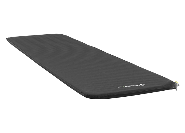 Black camping mat with a brand logo on a white background