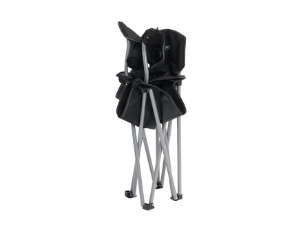 Black folding chair with silver legs on a white background