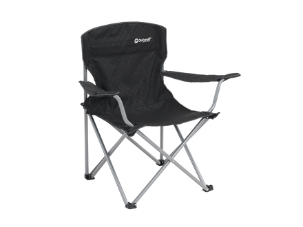 Black camping chair with a brand logo on a white background