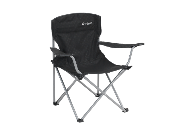 Black camping chair with a brand logo on a white background