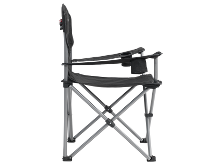 Black folding chair with metal frame on a white background