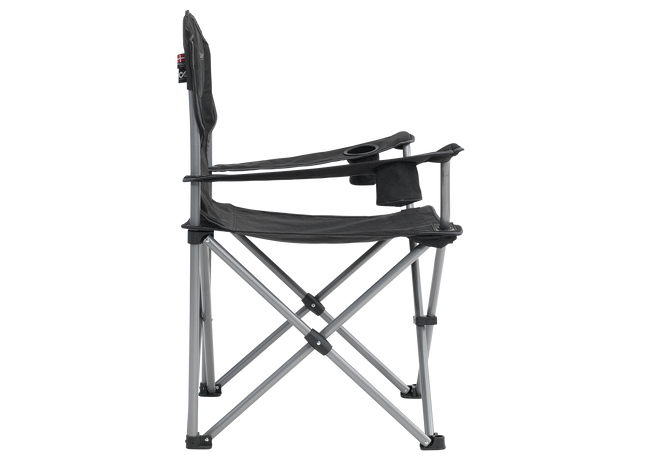 Black folding chair with metal frame on a white background