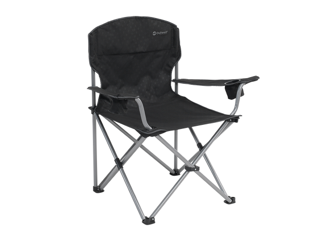 Black camping chair with armrests on a white background