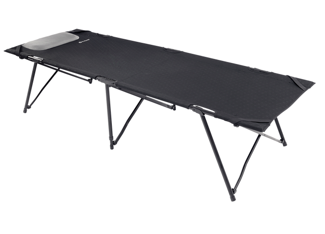 Black camping cot on a white background