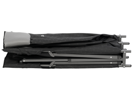 Foldable black and gray camping bed on a white background