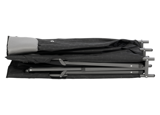 Foldable black and gray camping bed on a white background