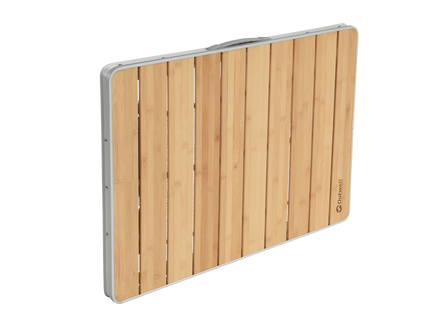 Wooden folding table with metal handle on a white background
