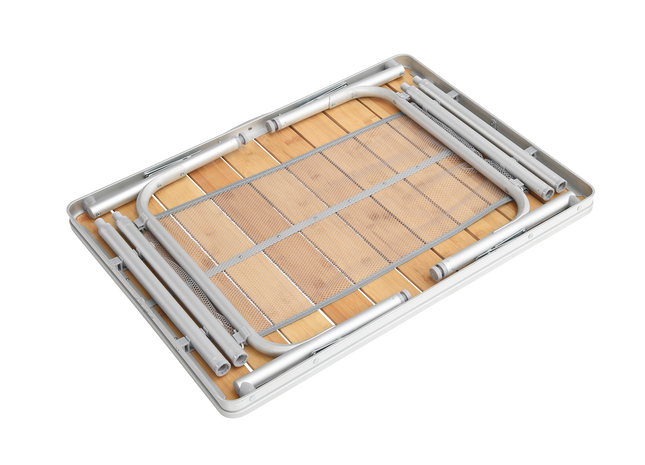 Wooden folding table with metal frame on a white background