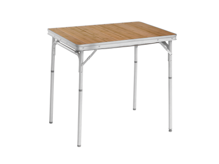 Wooden top folding table with metal frame on a white background