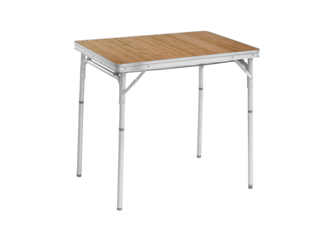 Wooden top folding table with metal frame on a white background