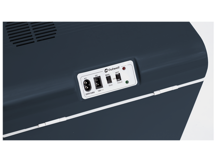 Electrical outlet panel on a piece of equipment with a visible brand logo.