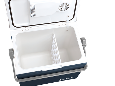 Portable cooler box with a white interior and blue exterior on a white background