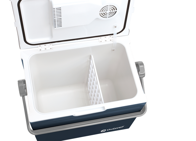 Portable cooler box with a white interior and blue exterior on a white background