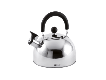 Stainless steel kettle with black handle on a white background