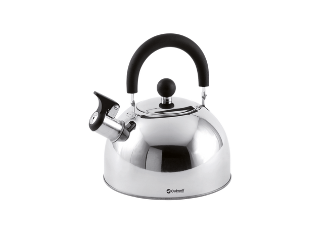 Stainless steel kettle with black handle on a white background