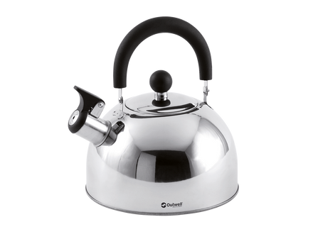chrome whistling kettle with a black handel on a white background