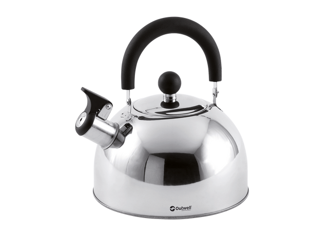 chrome whistling kettle with a black handel on a white background