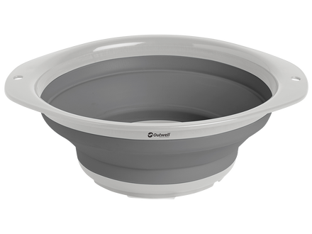 white and grey colapsable bowl on a white background