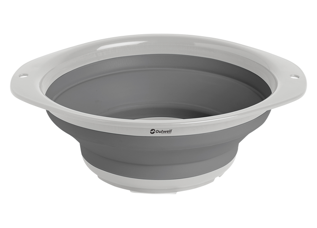 white and grey colapsable bowl on a white background