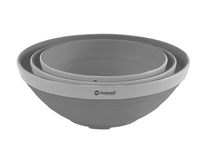 Set of three gray bowls with Outwell branding on a white background