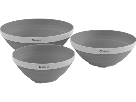 Three gray bowls with a white stripe on a white background