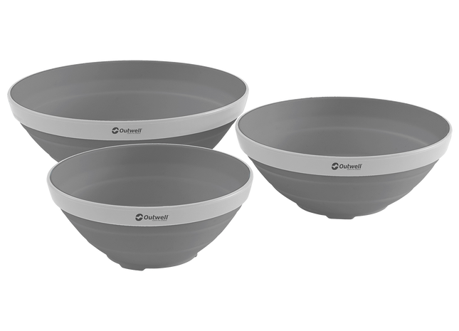 Three gray bowls with a white stripe on a white background