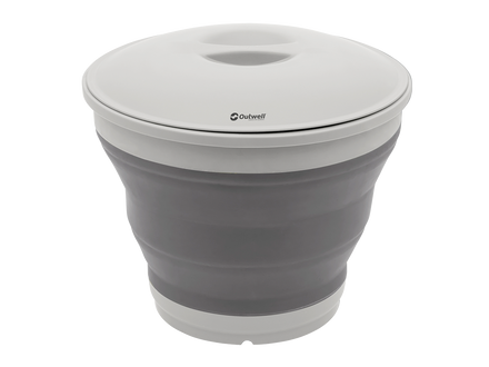 Collapsible gray bucket with white lid on a white background