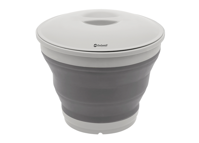 Collapsible gray bucket with white lid on a white background