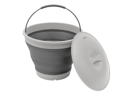 Collapsible gray bucket with a white lid on a white background
