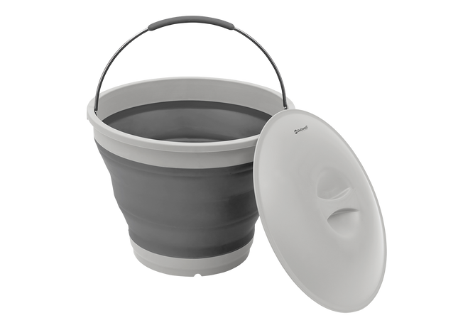Collapsible gray bucket with a white lid on a white background