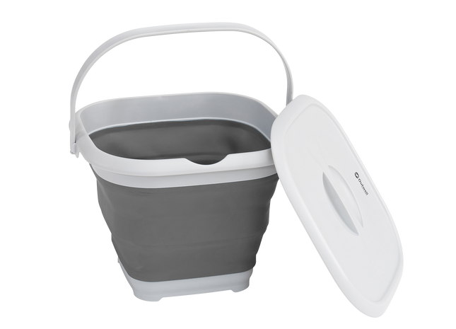 Collapsible gray trash bin with a white lid on a white background
