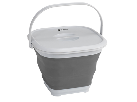 Gray collapsible bucket with a white lid on a white background