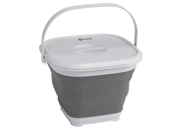 Gray collapsible bucket with a white lid on a white background