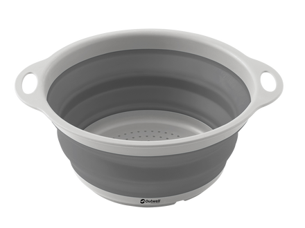 Collapsible gray colander on a white background