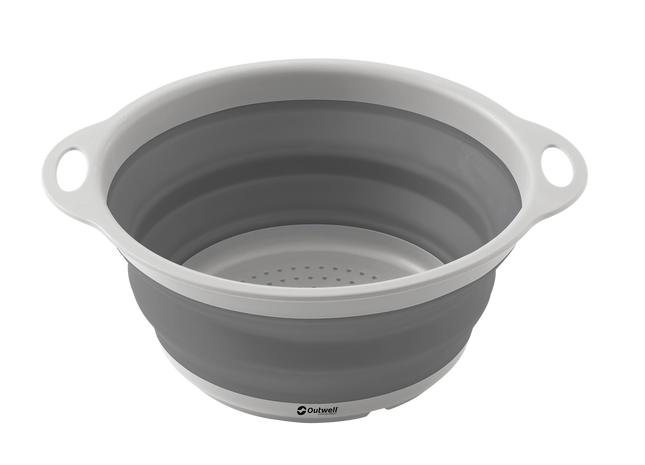 Collapsible gray colander on a white background