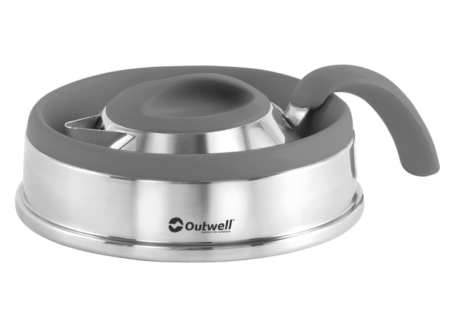 Outdoor cooking stove with gray top and handle on a white background, featuring Outwell branding.