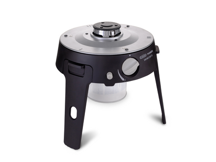 Black and silver portable stove on a white background
