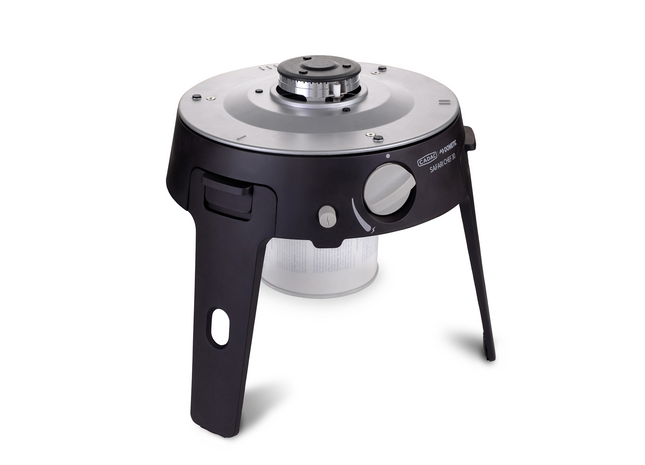 Black and silver portable stove on a white background