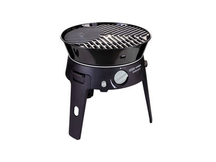 Black portable grill on a white background