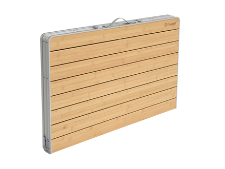 Wooden folding table with metal frame on a white background