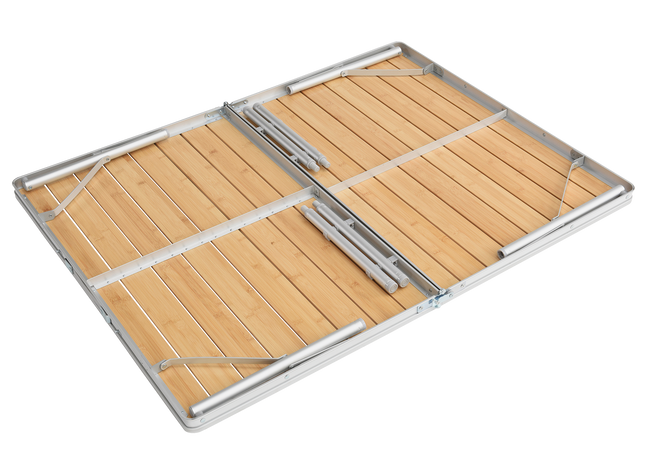 Foldable wooden table with metal frame on a white background